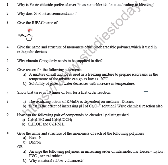 Cbse chemistry board paper best sale 2012 solved set 3